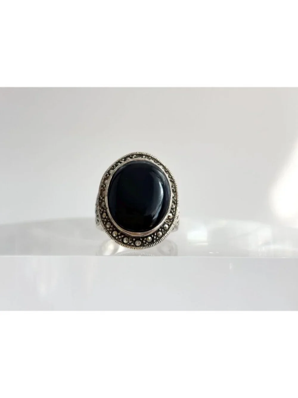 Black Onyx & Marcasite Art Deco Cutout Sterling Silver 925 Vintage Ring - sz 8